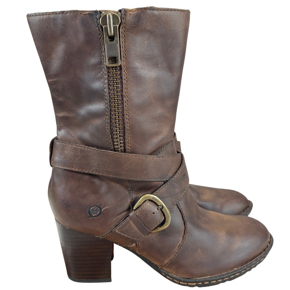 BORN Opanka Mid-Calf Harness Moto Boots Brown Leather Buckle Boots SZ 7 Biker